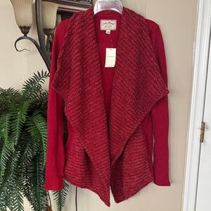 Brand New Lucky Brand Red Metallic Knit Shawl Open Front Drape Cardigan Sweater